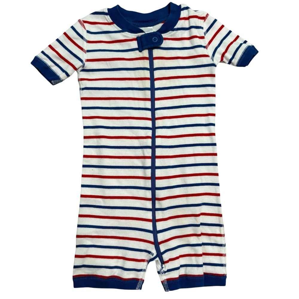 Hanna Andersson Romper Kids 3T Blue Red White Striped Organic Cotton Zip Pajamas